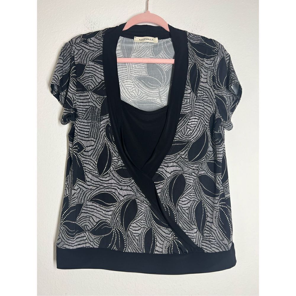 Matiola Women's Size L/ 50 EU Black White V Neck Short Sleeve Paisley Print Top